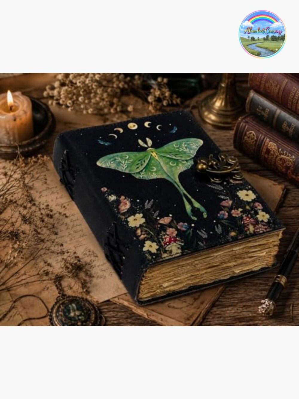 Vintage Handmade Leather Journal with Lock Clasp Luna Moths Print - Picture 2 of 6